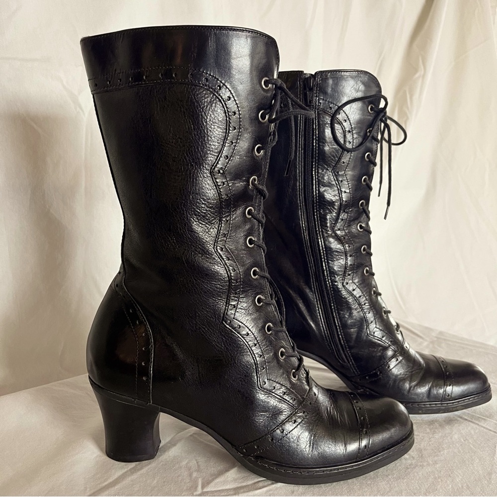 Victorian Edwardian Witch Women's Black Leather Heeled Boots
